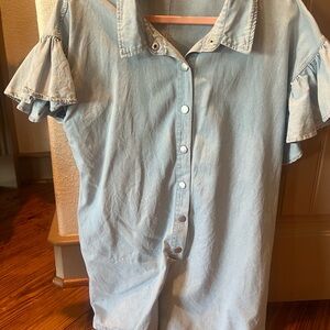 Light Blue Denim Button-Front Women's Top with Ruffle Sleeves